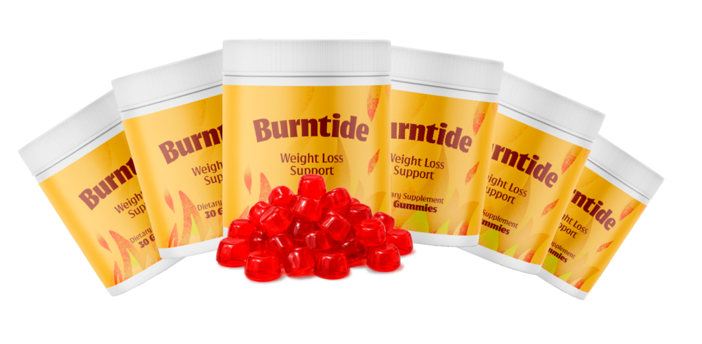 Bulk bundle display of 6 bottles of Burntide gummies with free shipping badge