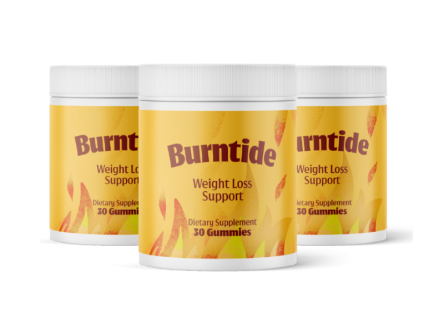 Three bottles of Burntide dietary supplement gummies containing Apple Cider Vinegar and BHB