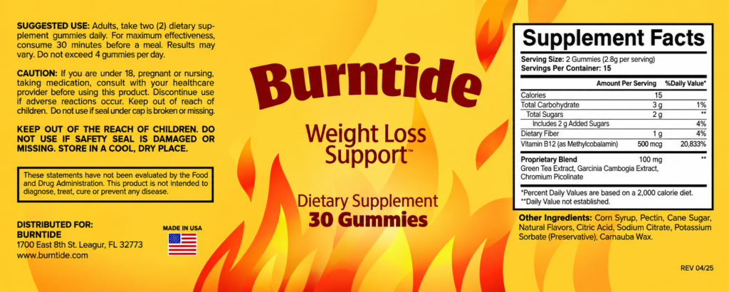 Ingredient breakdown section featuring Burntide gummy supplement bottle