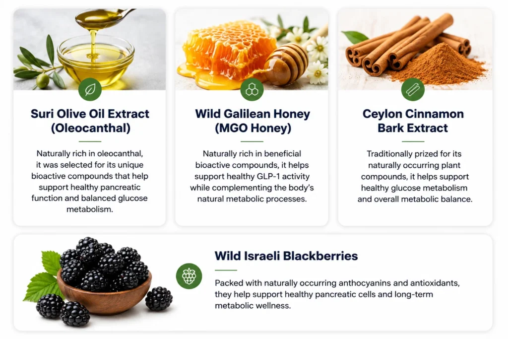 Grid of natural ingredients including Suri olive oil extract, Wild Galilean honey, Ceylon cinnamon bark, and Wild Israeli blackberries for daily metabolic support