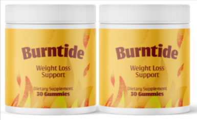 Bundle display of 2 bottles of Burntide dietary supplement gummies with 60-day guarantee
