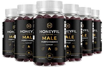 HoneyFil supplement gummy jars displayed in 2, 3, and 6-bottle package options with a 60-day guarantee badge.