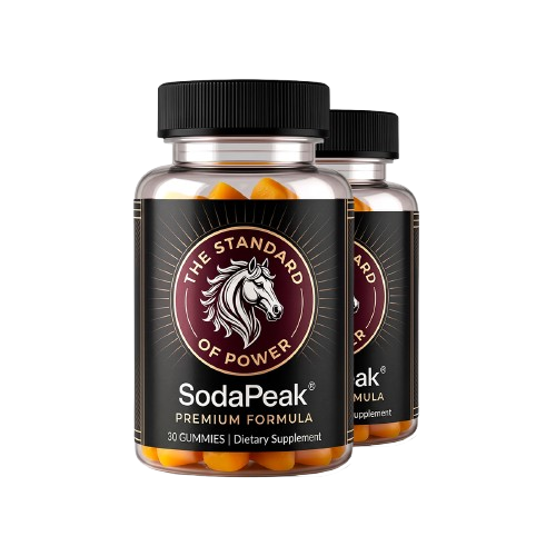 Two bottles of SodaPeak men's supplement side by side on a transparent background showing the red and black label.