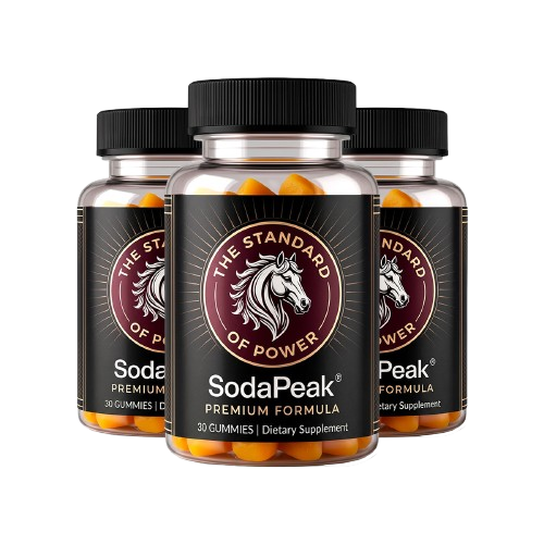 Three bottles of SodaPeak supplement arranged side by side on a transparent background.