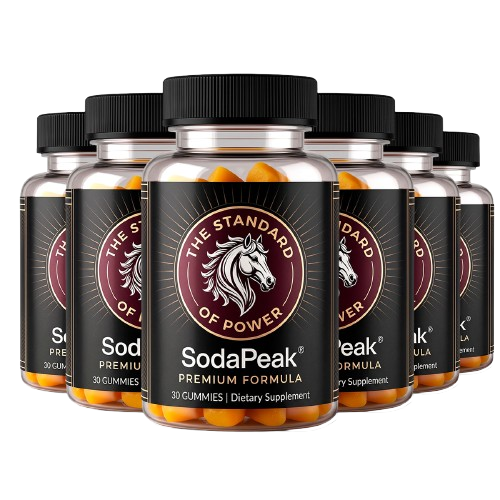 Six bottles of SodaPeak dietary supplement lined up on a transparent background.